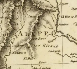 Old map of the Aleppo region, with the relief drawn in pen and ink.