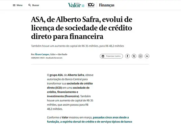 Valor Econômico article about ASA becoming a finance company.