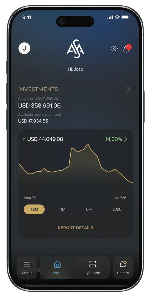 The ASA app on an iPhone: the investments screen with the balance, the available amount to invest and the 12-month performance chart.
