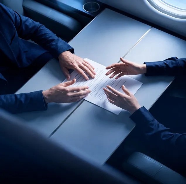 Two people exchanging a document across a table on board a private jet.